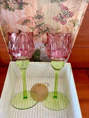 Gift Set Glass Pink Tulip Pair Candle Holders Candlesticks Gift Box (4 candles)